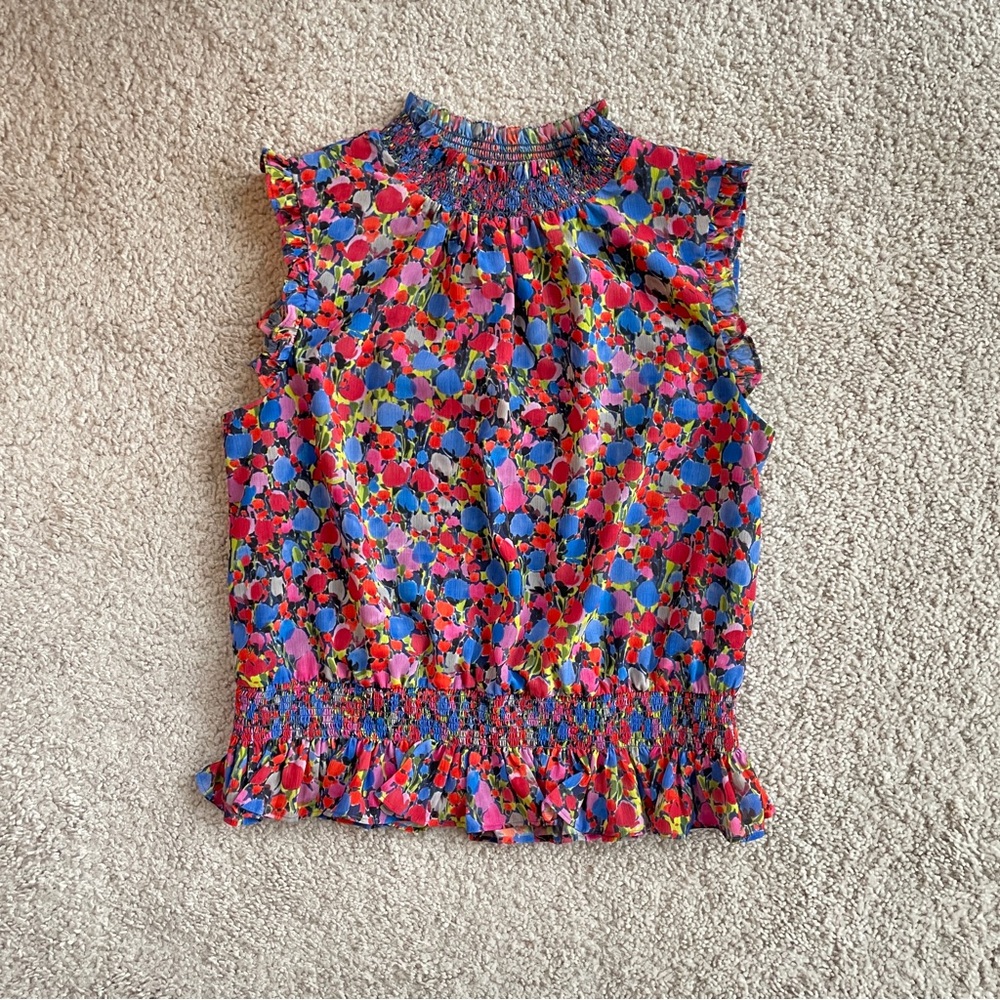J. Crew Multicolor Floral Smocked High Neck Sleeveless Blouse Size 6 ( Small )